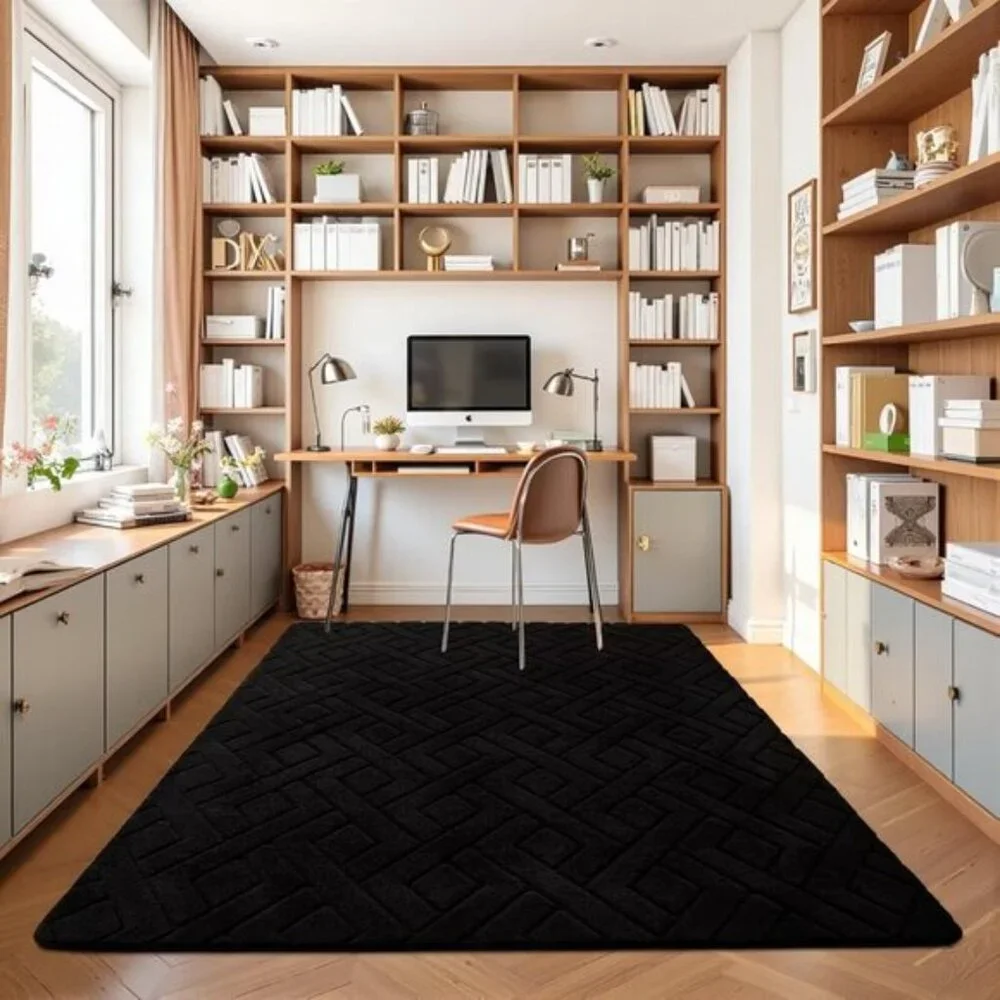 New 5x7 Black Washable Area Rug Geometric Shag with Non-Slip Backing
